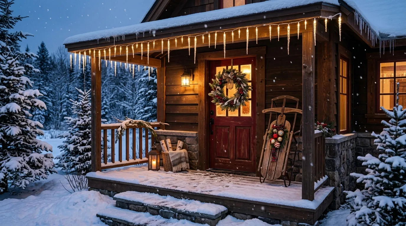 Small Porch With Icicle Lights and Wooden Sled